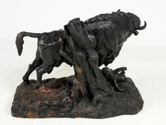 Skulptur, Bison, groß, russisch, Gusseisen, Signatur in kyrillischer Schrift, 21" L.
