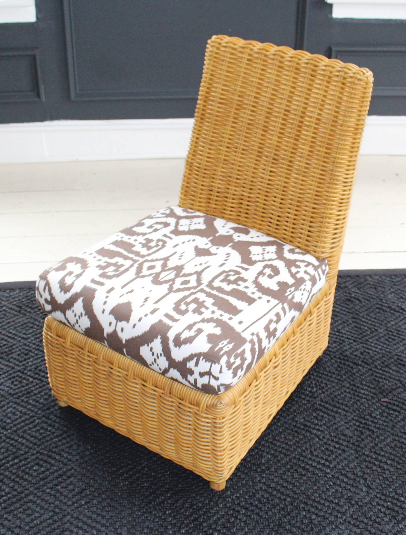 American Pair of Angelo Donghia Wicker Slipper Chairs with Matching Ottoman