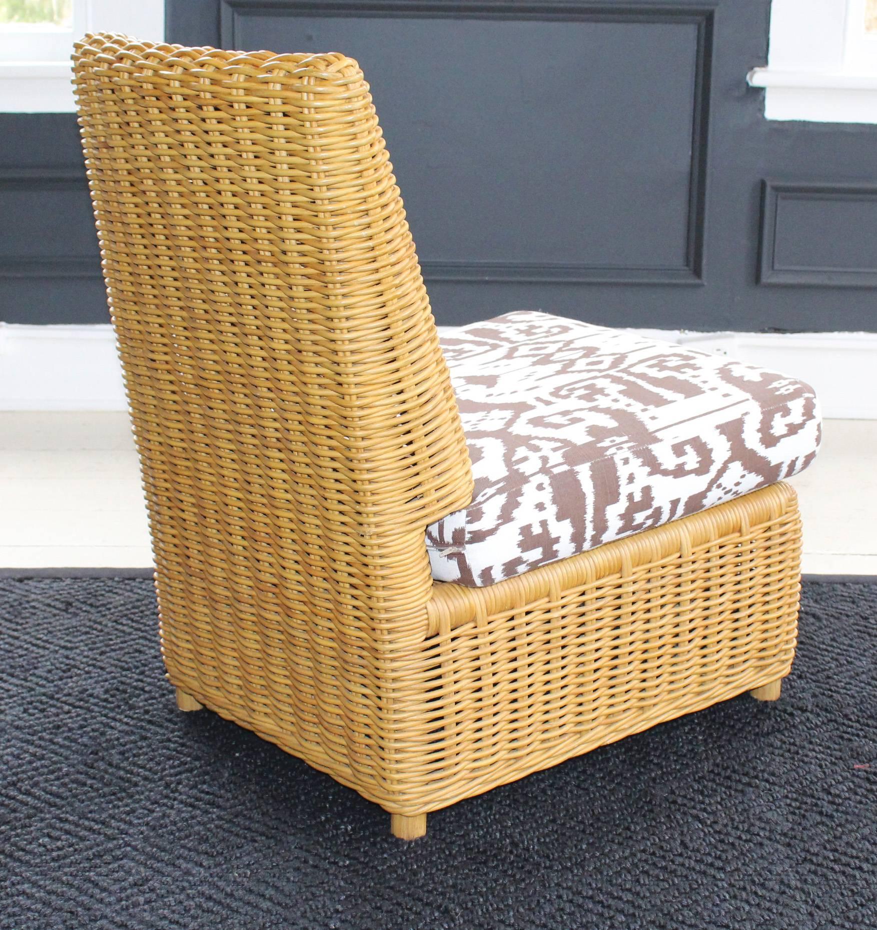 Pair of Angelo Donghia Wicker Slipper Chairs with Matching Ottoman In Good Condition In New Preston, CT