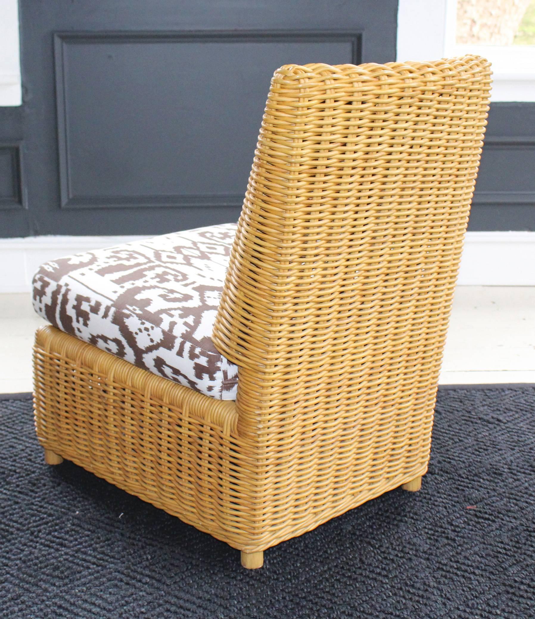 20th Century Pair of Angelo Donghia Wicker Slipper Chairs with Matching Ottoman