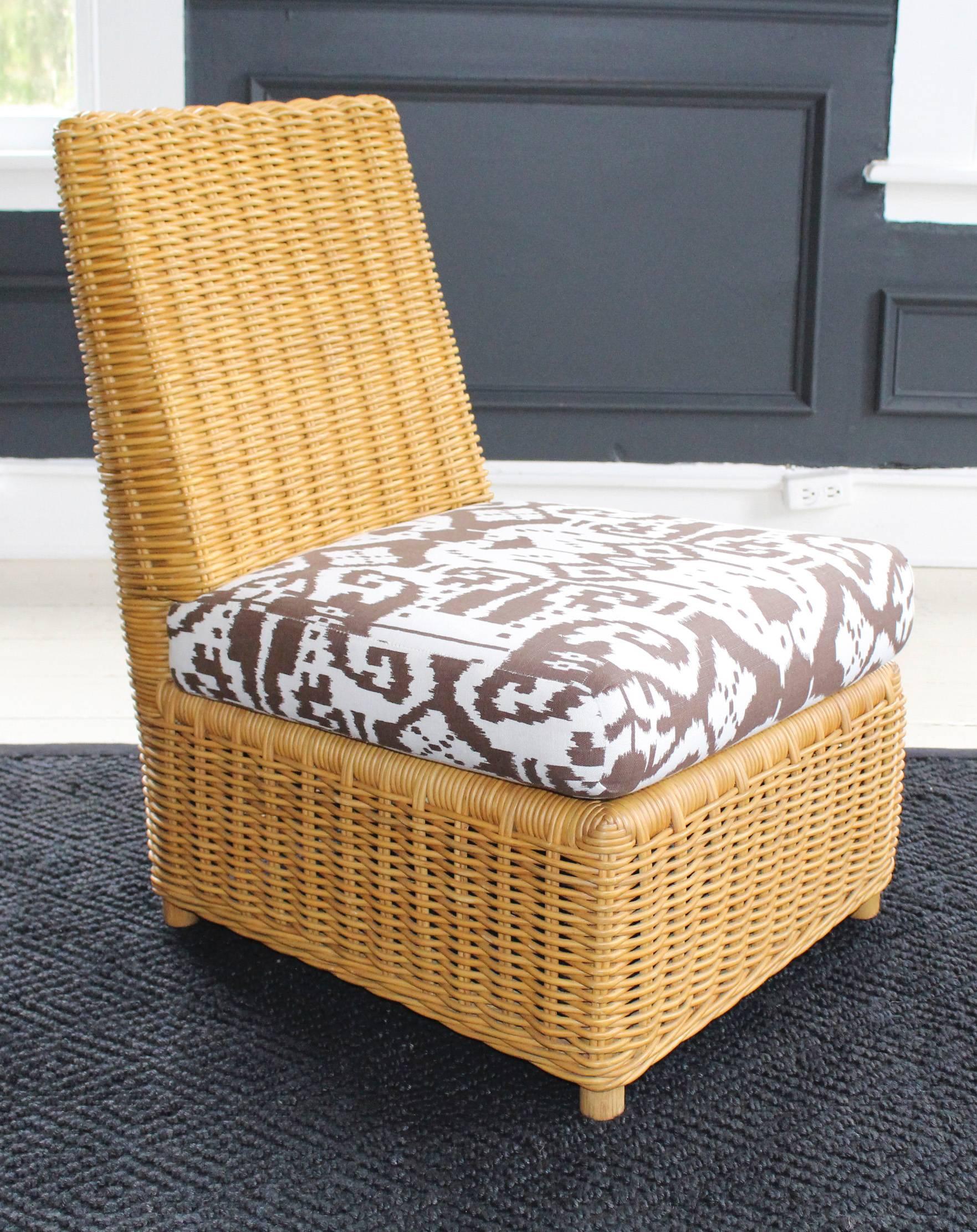 Pair of Angelo Donghia Wicker Slipper Chairs with Matching Ottoman 1