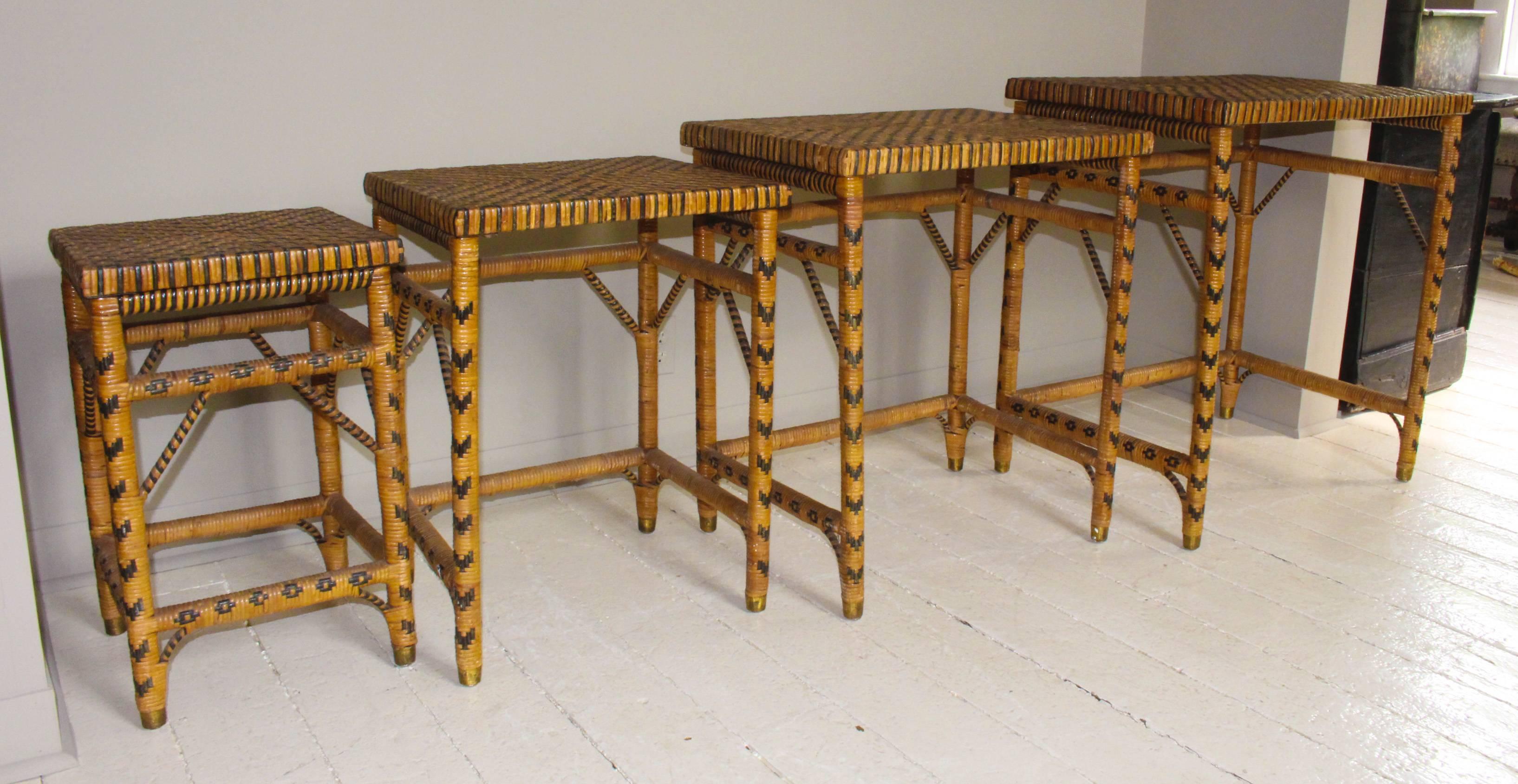 French Set of Four Rattan Nesting Tables
