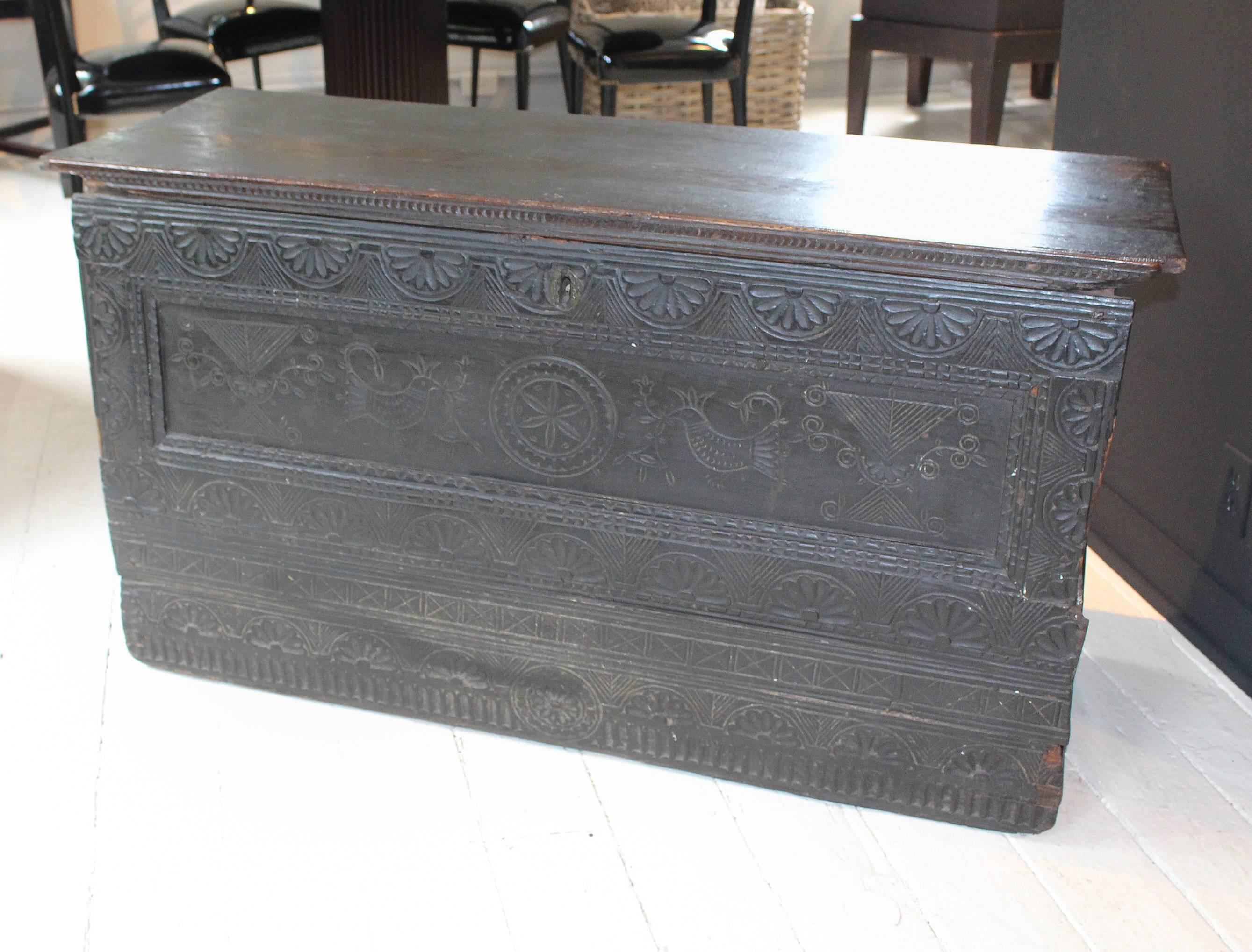 European 18th Century Intricately Carved Oak Chest For Sale
