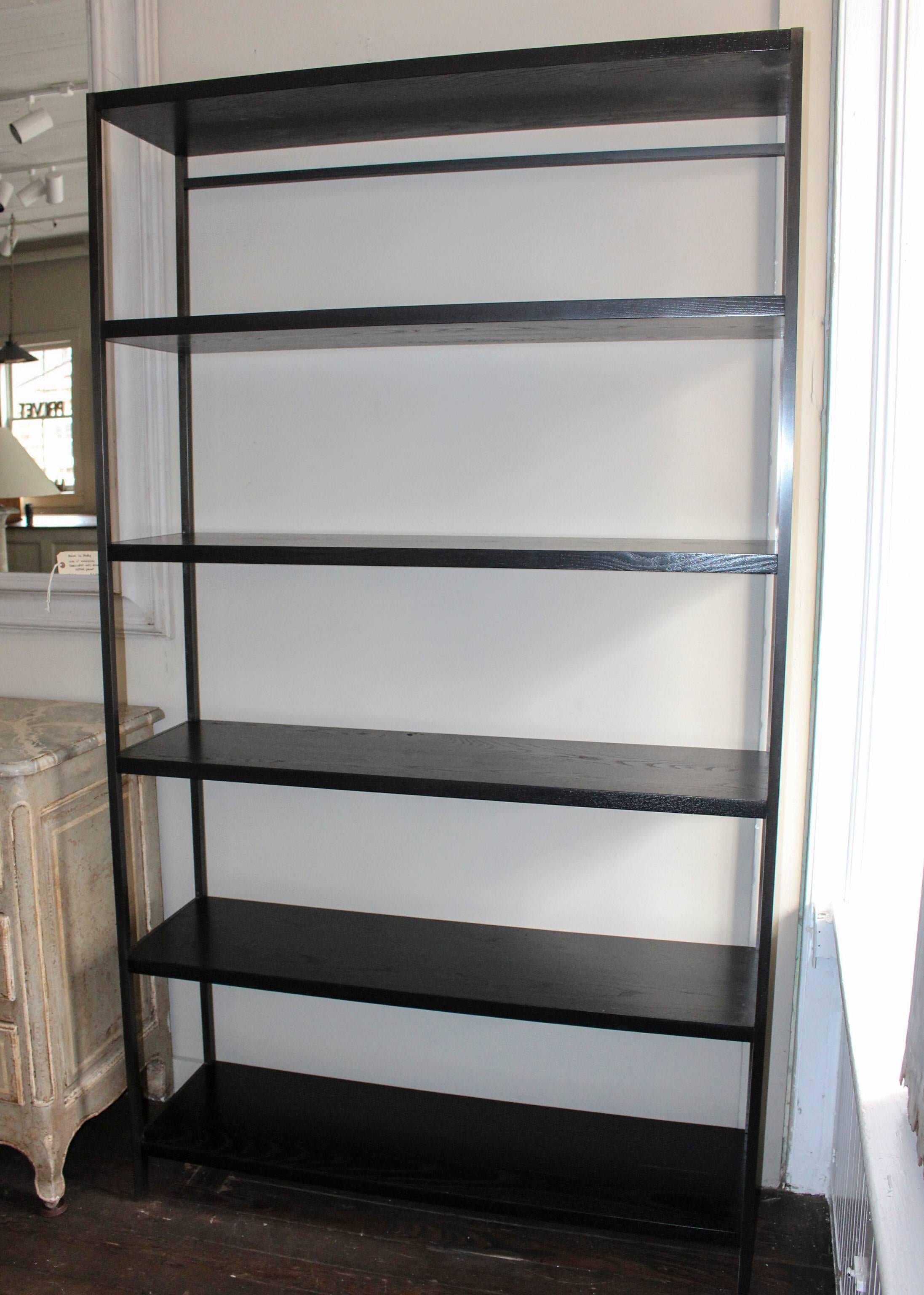 Custom-made to measure blackened steel etagere with five ebonized ash shelves.   Price quoted is for Etagere with same dimensions/finish. 