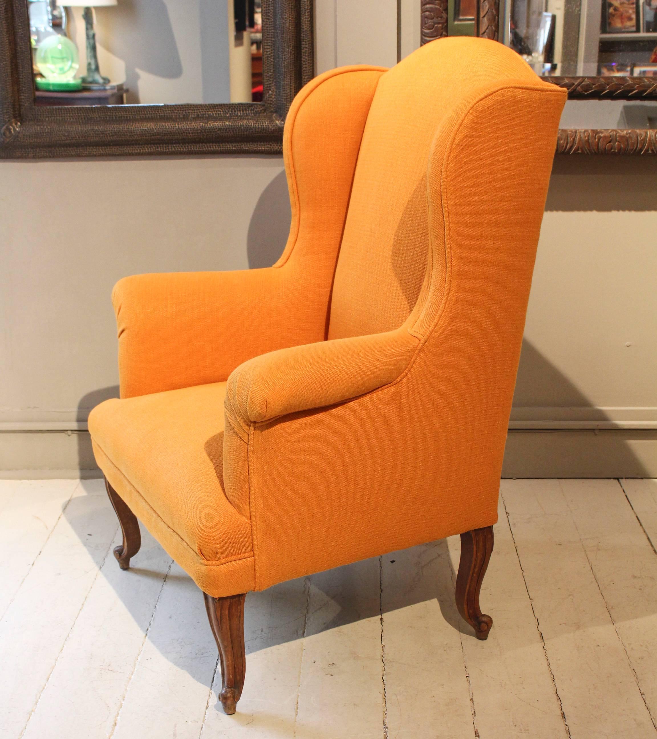 Petite Wingback Chair, 19th c France, Detailed with Unusual Boxed Wings.  Chair is Raised on Graceful Cabriole Legs and Newly Upholstered in a Saturated Saffron-Colored  Rogers & Goffigon Linen.