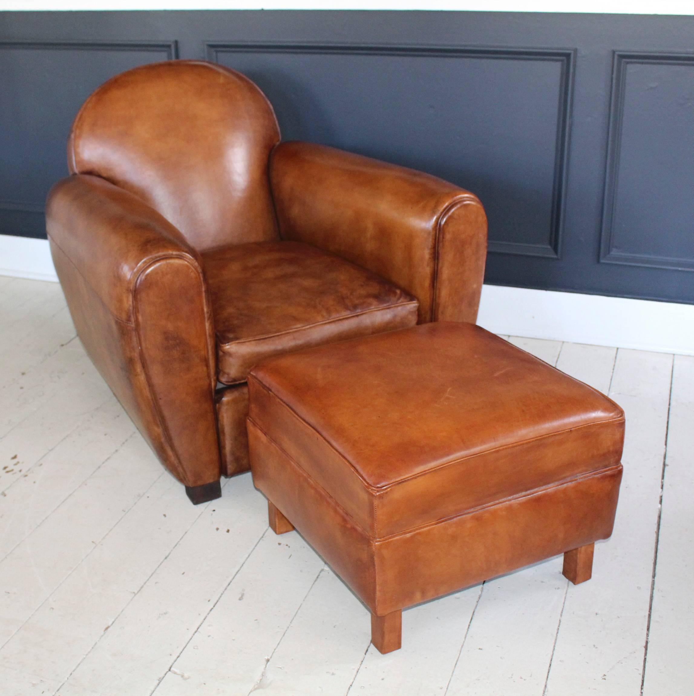 Pair of New French Leather Club Chairs with Ottoman In Good Condition In New Preston, CT