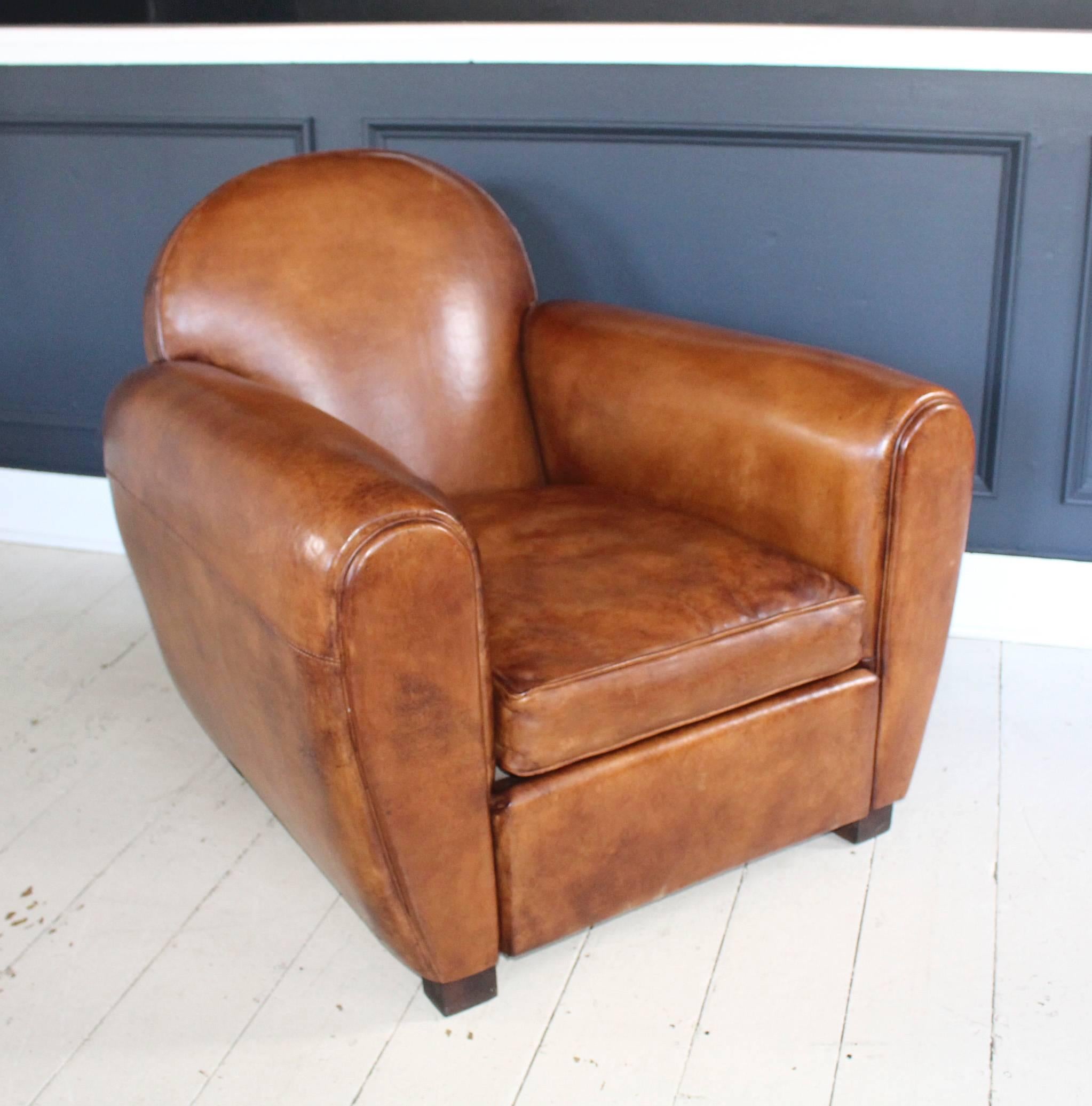 Contemporary Pair of New French Leather Club Chairs with Ottoman