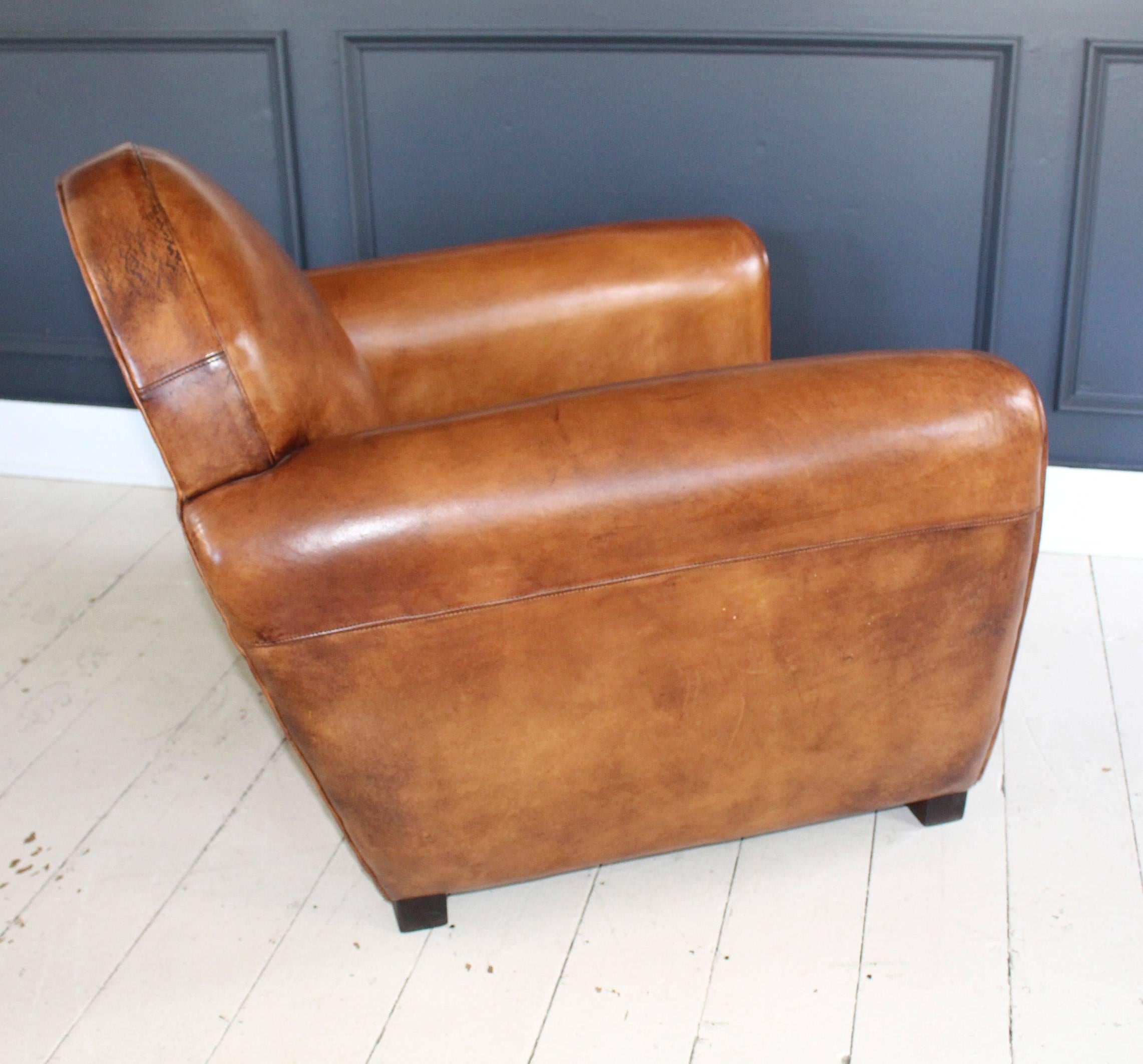 Pair of New French Leather Club Chairs with Ottoman 1