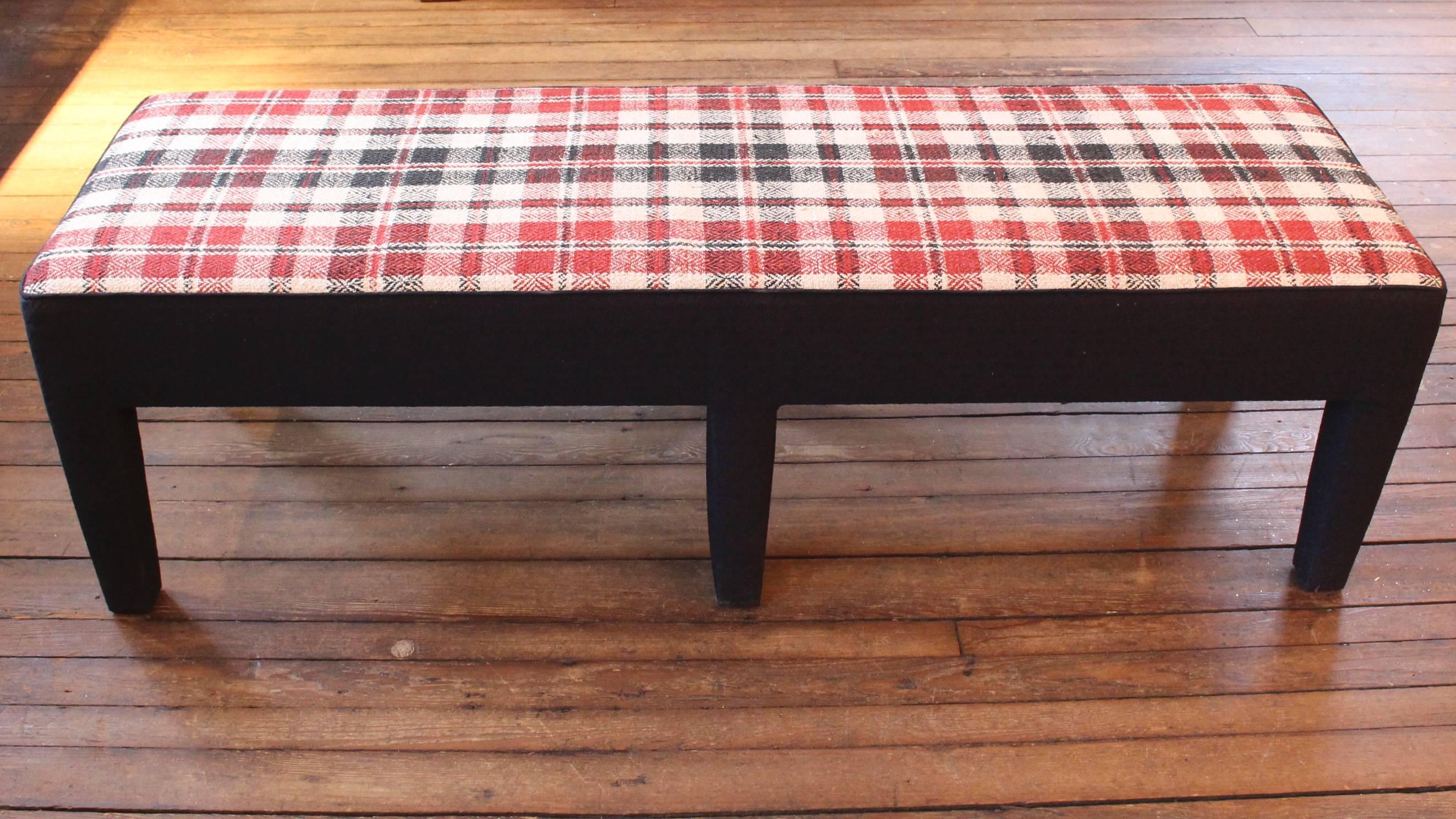 Custom one-of-a-kind bench with seat surface in vintage French handwoven black/oxblood/natural plaid textile with a Mid-Century Modern feel. Bench sides and legs are upholstered in black dobby textile. Perfect for an entry hall or mudroom, at the