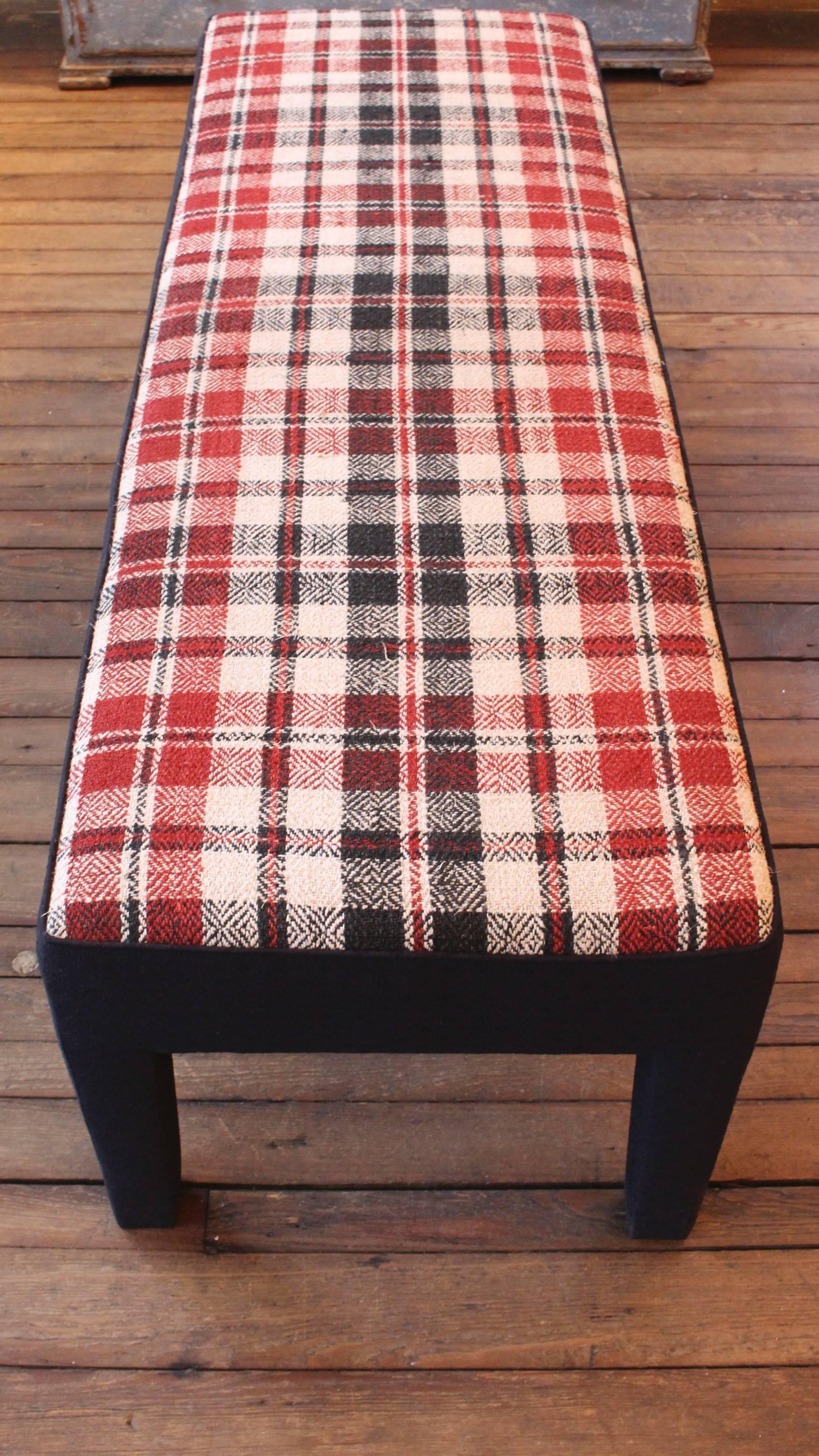 American Custom Bench Upholstered in Vintage Handwoven French Linen Textile For Sale