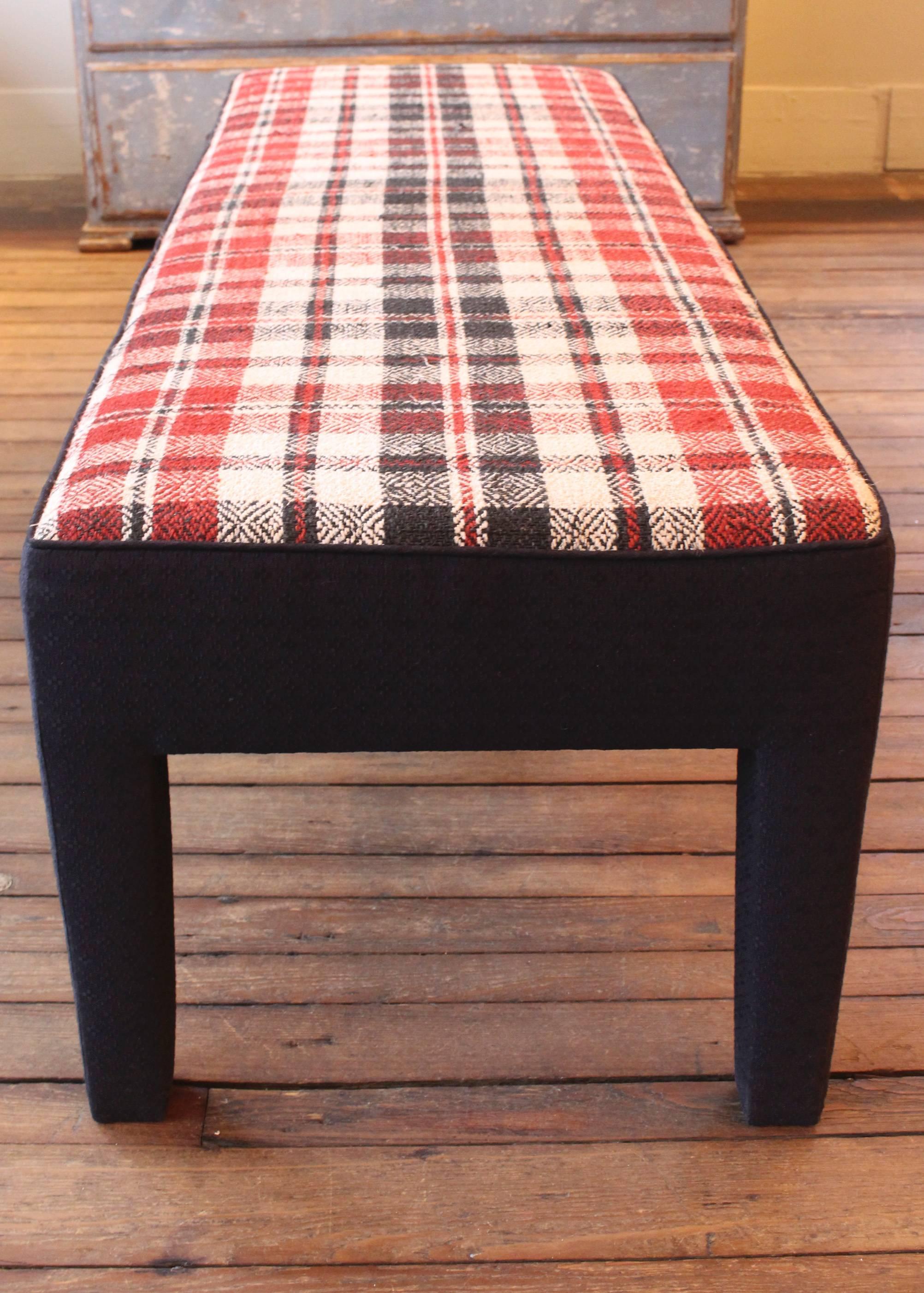 Custom Bench Upholstered in Vintage Handwoven French Linen Textile In Good Condition For Sale In New Preston, CT