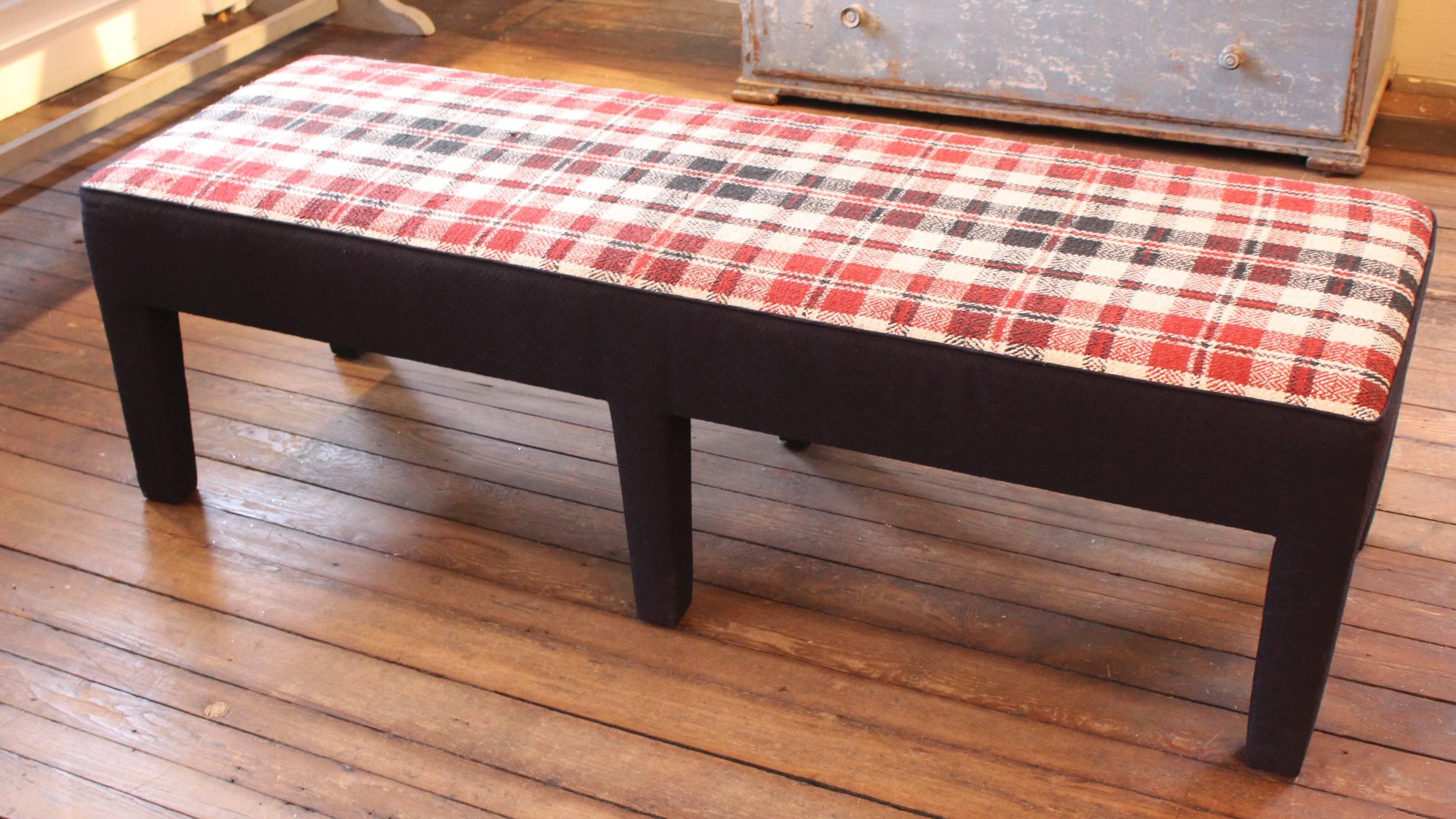 Contemporary Custom Bench Upholstered in Vintage Handwoven French Linen Textile For Sale
