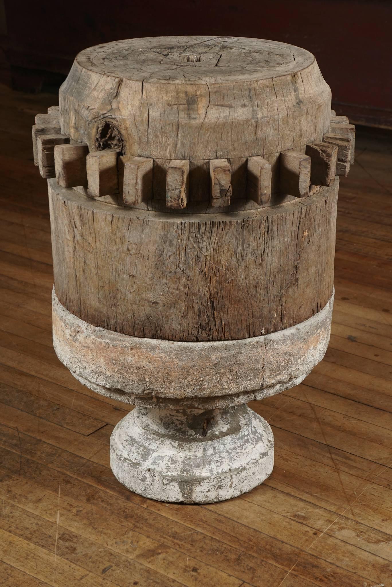 Industrial Wood Gear Pedestal Base Table