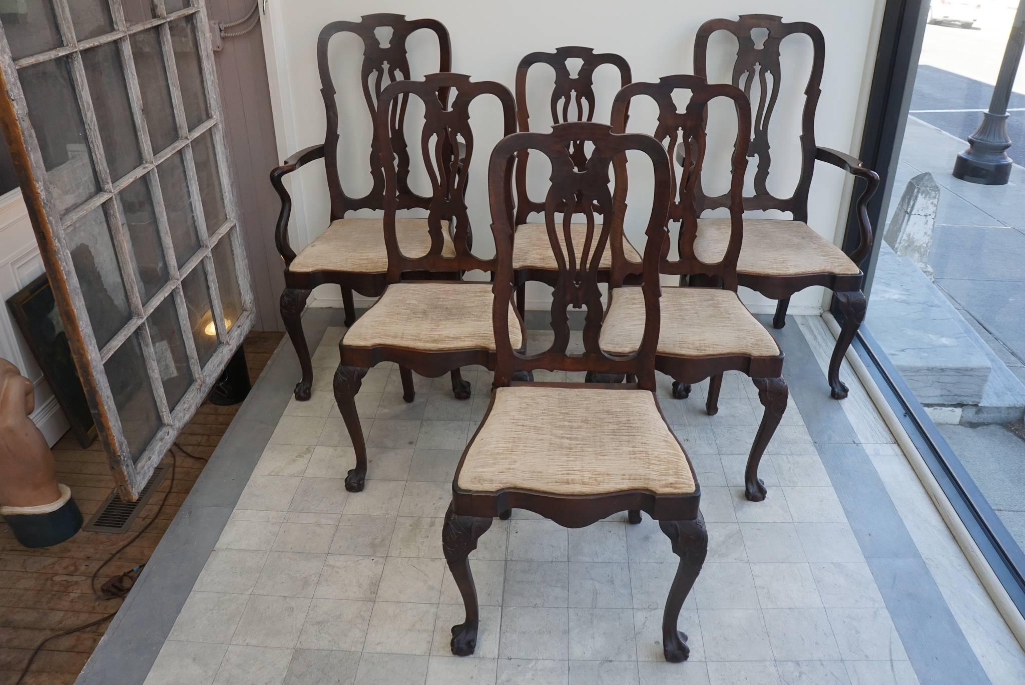 set of six fanciful mahogany Chippendale style dining chairs, Belgian, two armchairs, four side chairs, openwork back splat, barley twist arms, delicately carved knees claw and ball foot slip seat in tan striated velvet, beautiful patina.