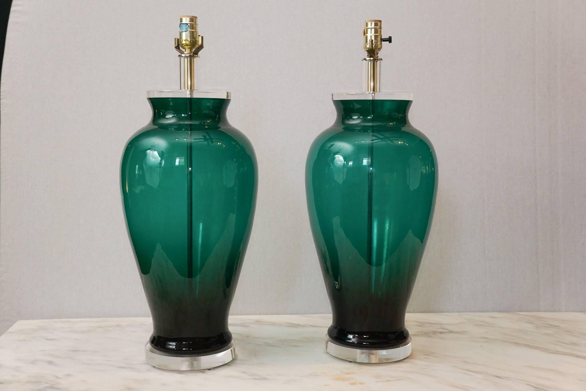 Beautiful deep blue-green Blenko style glass vases - with Lucite cap and base - includes clear Lucite cylindrical finials - illegible label - measurements do not include harp and shade, just the lamp.