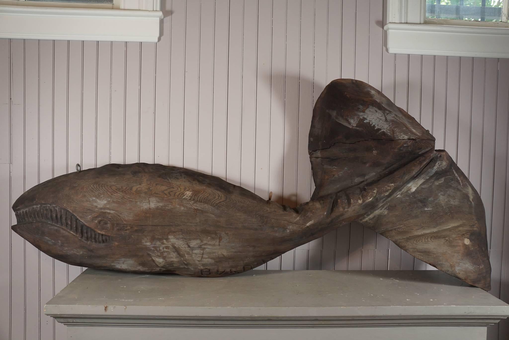 Mendocino Whale War of 1976, sculptor Byrd Baker of Mendocino, California, sold whale sculptures to purchase a ship for fighting the Japanese whalers and bring awareness to their horrendous plight, redwood, weathered surface with traces of a grey