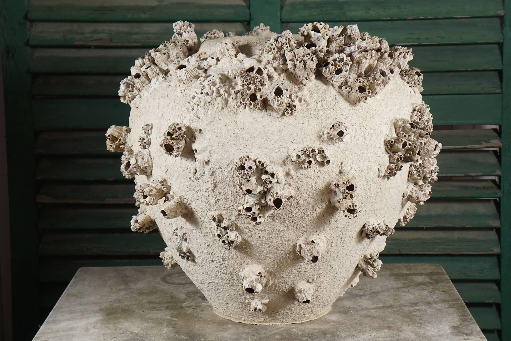 Large jar covered with barnacles; at some point in time a sand wash was applied to the surface and interior give it uniformity leaving the barnacles in their natural color.