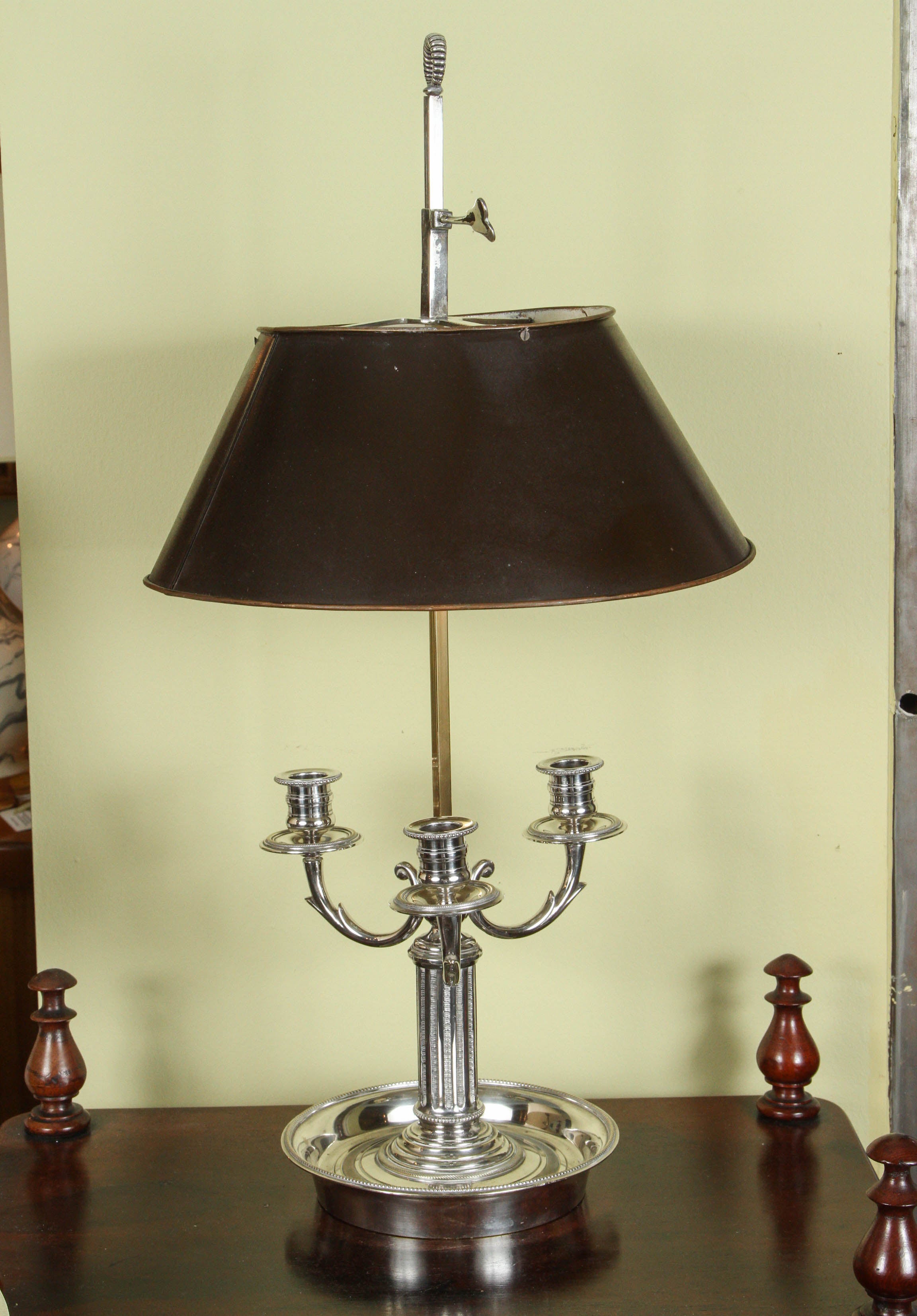 Silvered Brass Bouillotte Lamp with a Tole Shade, late 19th Century