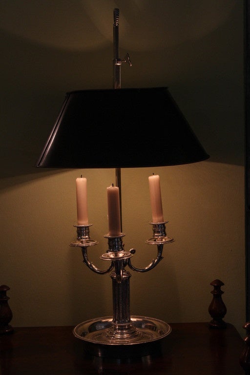Silvered Brass Bouillotte Lamp with a Tole Shade, late 19th Century 3