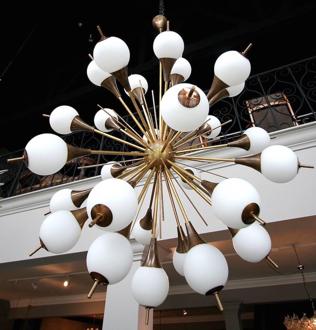 Sputnik chandelier with 30-light encased in opaque white glass balls.
