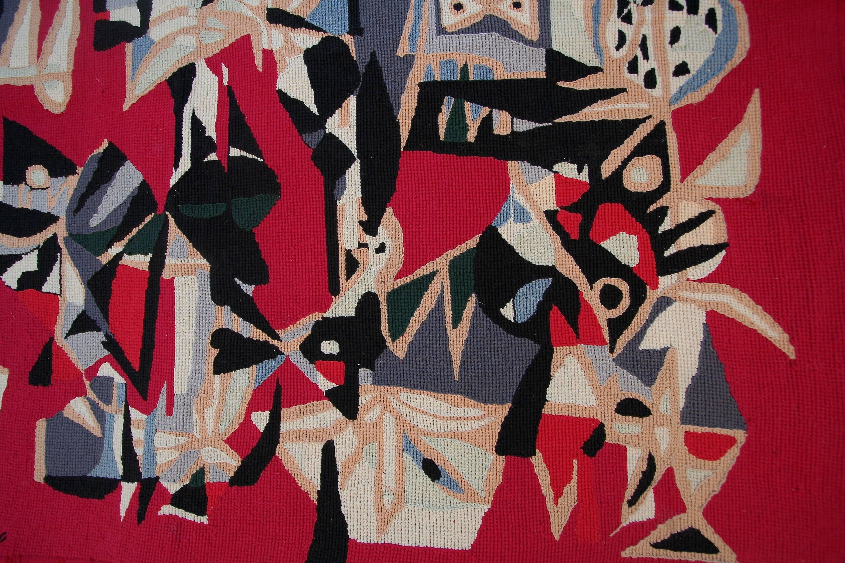 Mid-Century Modern Brazilian Embroidered Abstract Red Tapestry by Genaro de Carvalho, 1960s For Sale