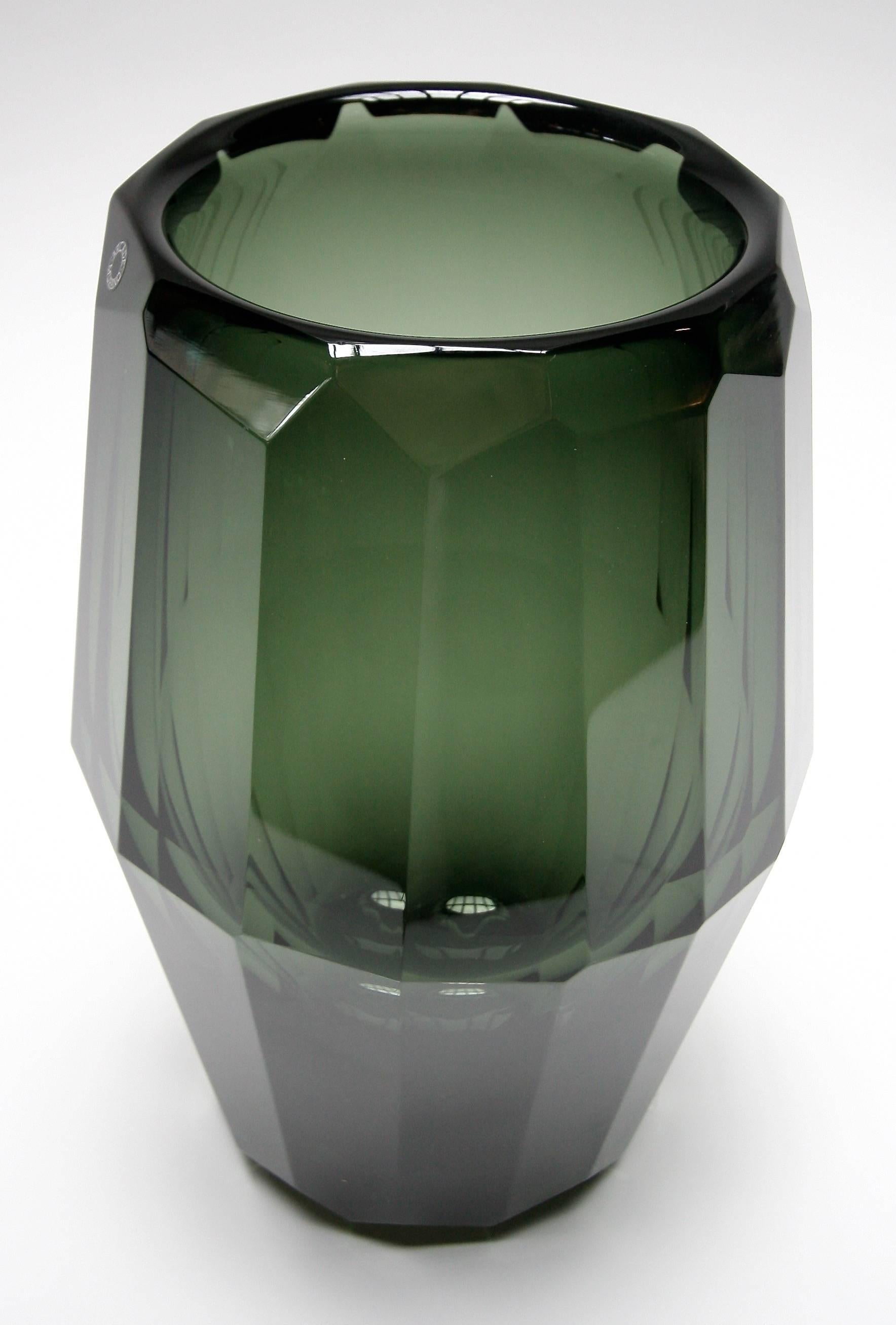 Hermes Murano green glass vase with fluted geometric pattern.