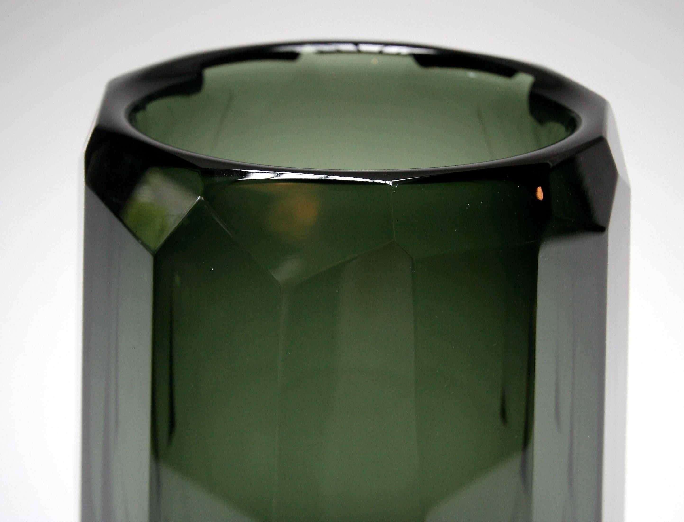 Italian Hermes Murano Green Glass Fluted Vase