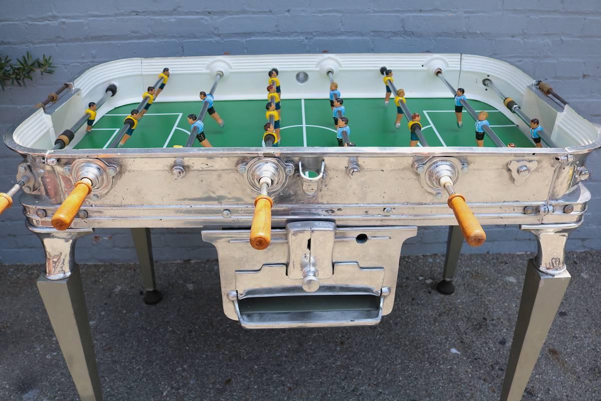 Vintage 1960s Super Estadio foosball / soccer table in aluminum with rounded corners and all original features.