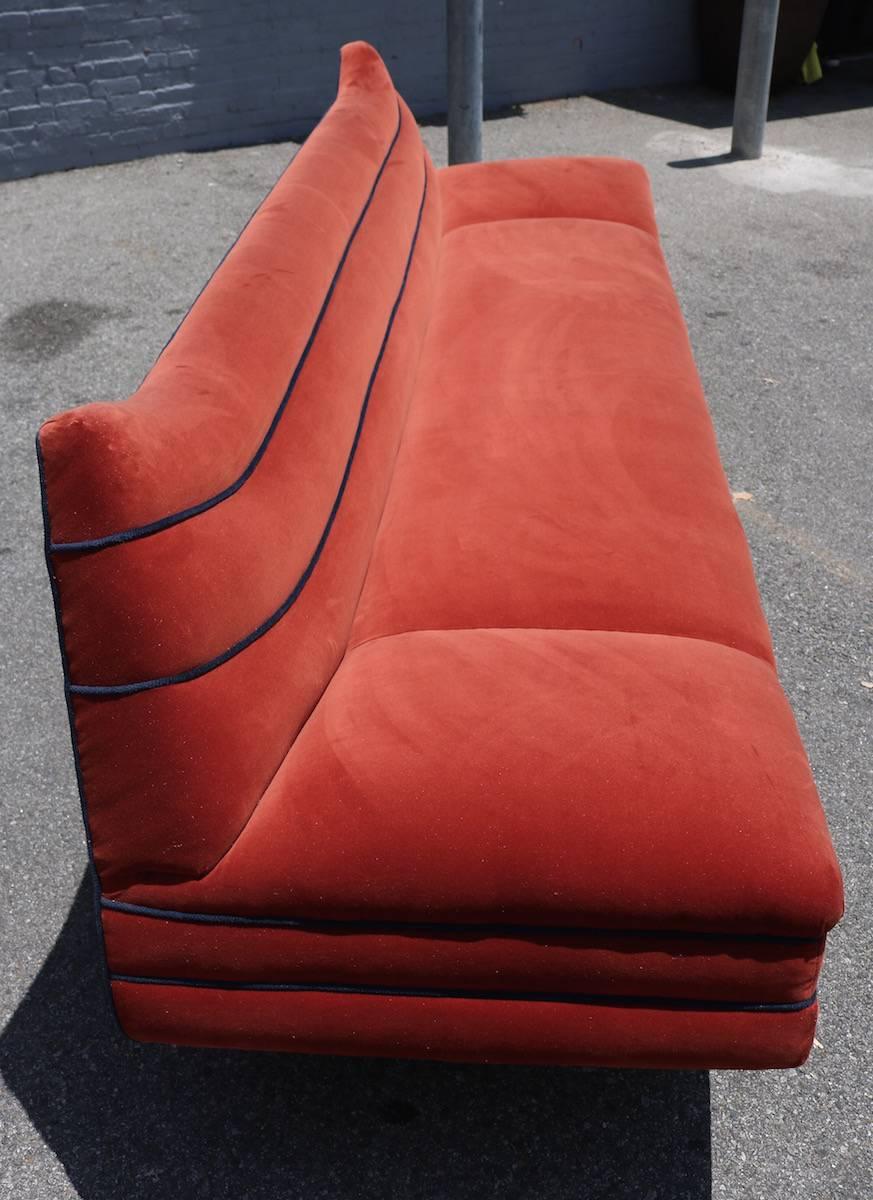Mid-Century Modern Long 1970s Orange Velvet Sofa with Navy Piping
