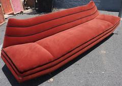 Long 1970s Orange Velvet Sofa with Navy Piping