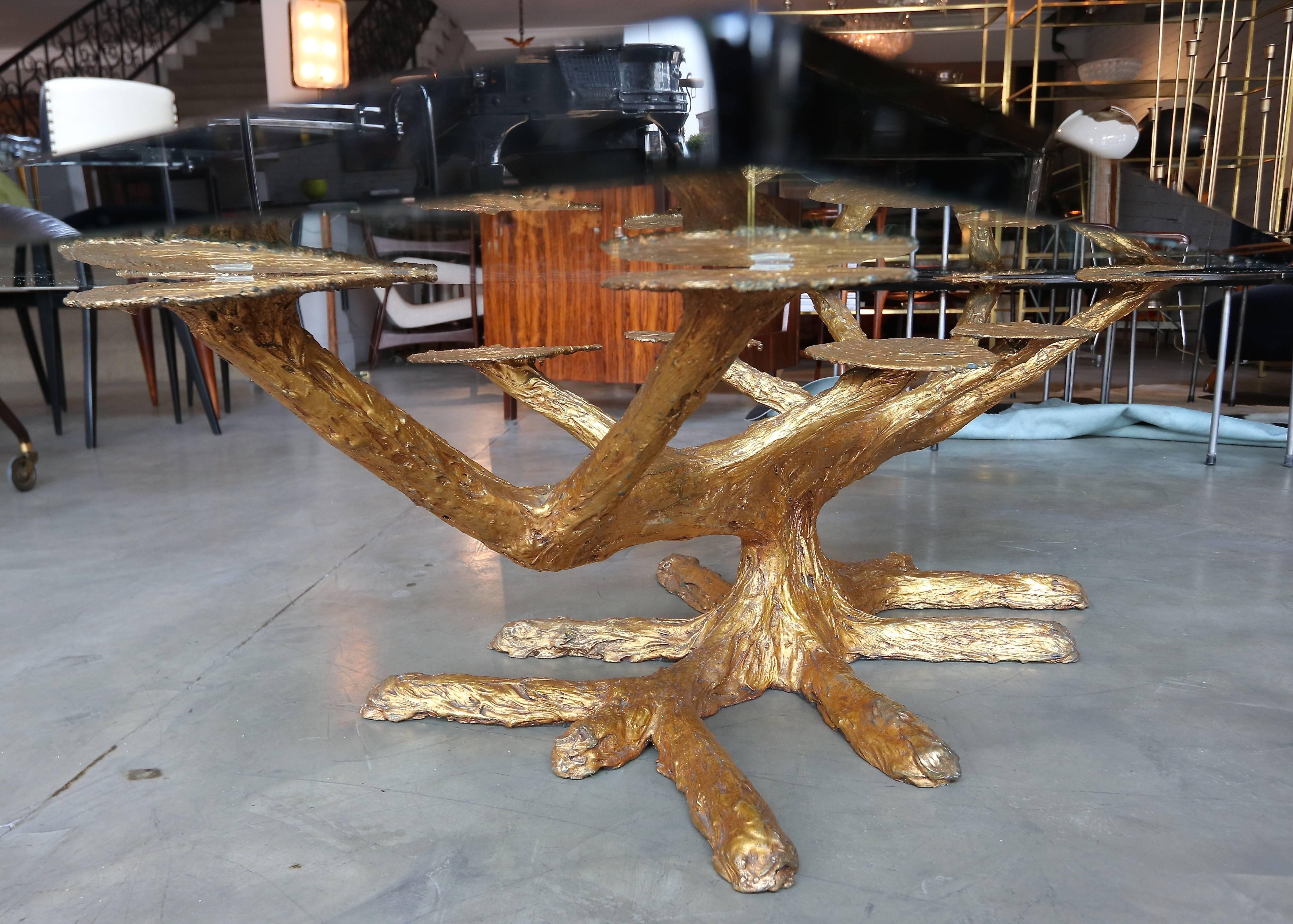 Mid-Century Modern Metal Faux Bois 1960s Coffee Table with Gold Leaves and Glass Top