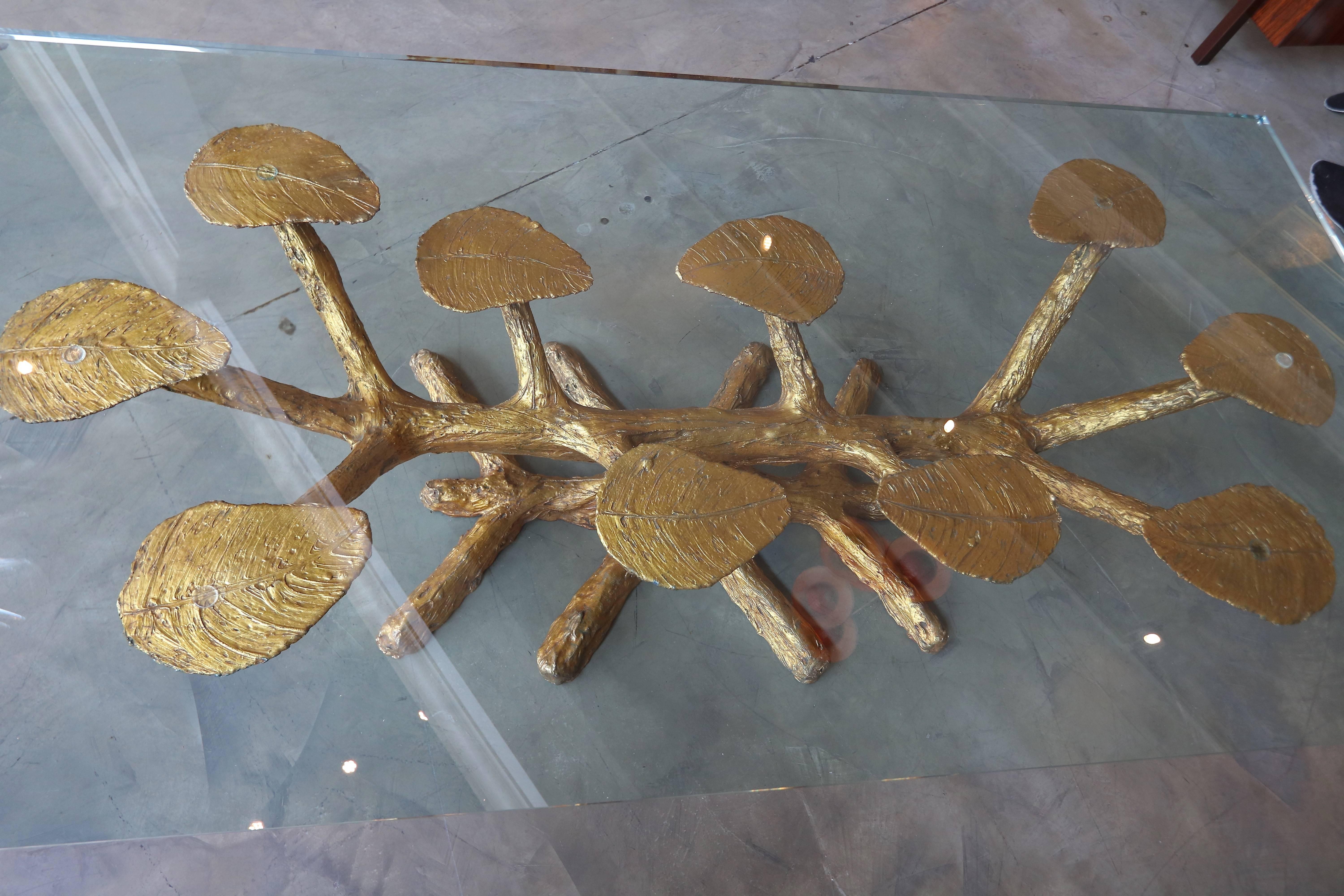 Metal Faux Bois 1960s Coffee Table with Gold Leaves and Glass Top In Excellent Condition In Los Angeles, CA