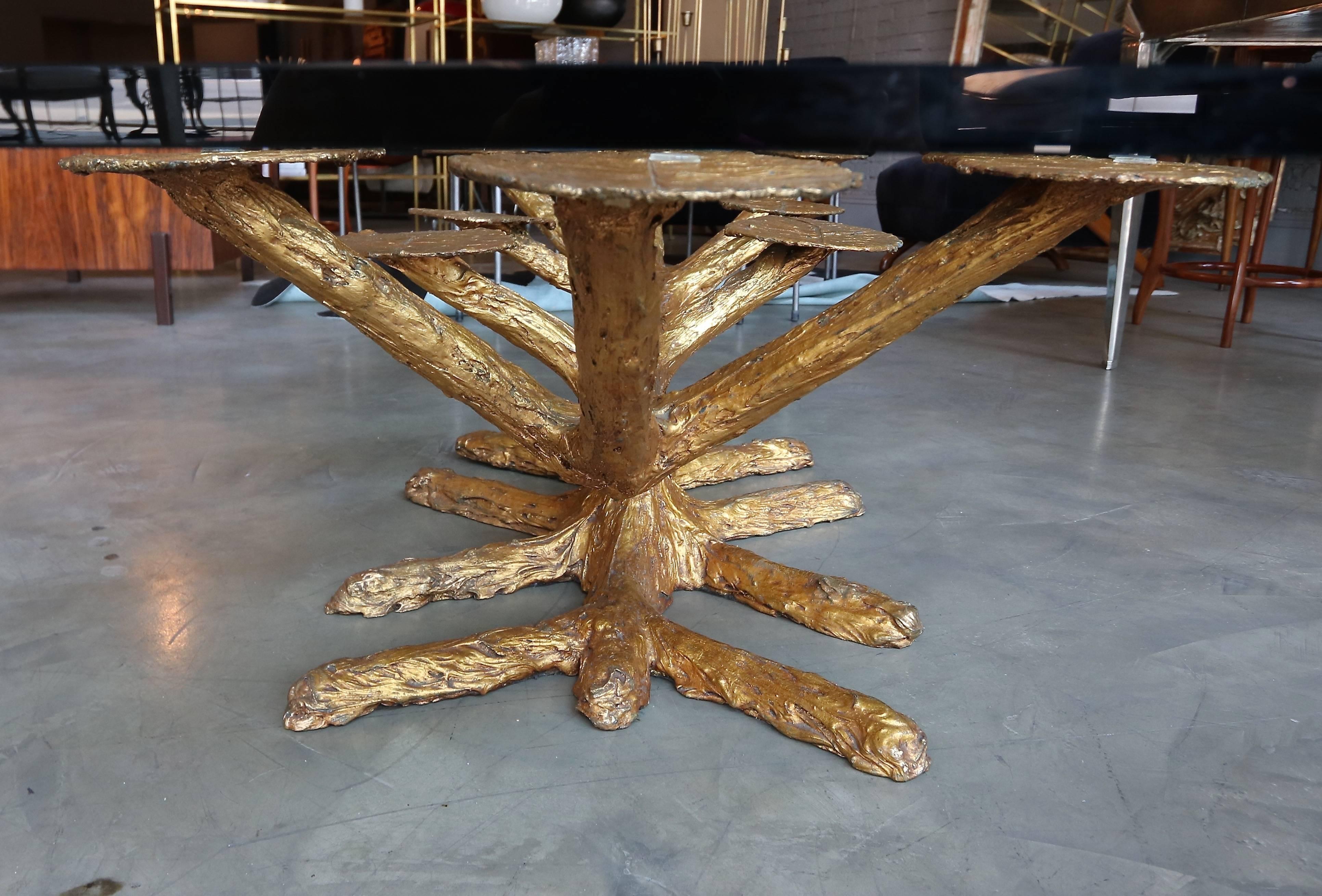 Mid-20th Century Metal Faux Bois 1960s Coffee Table with Gold Leaves and Glass Top