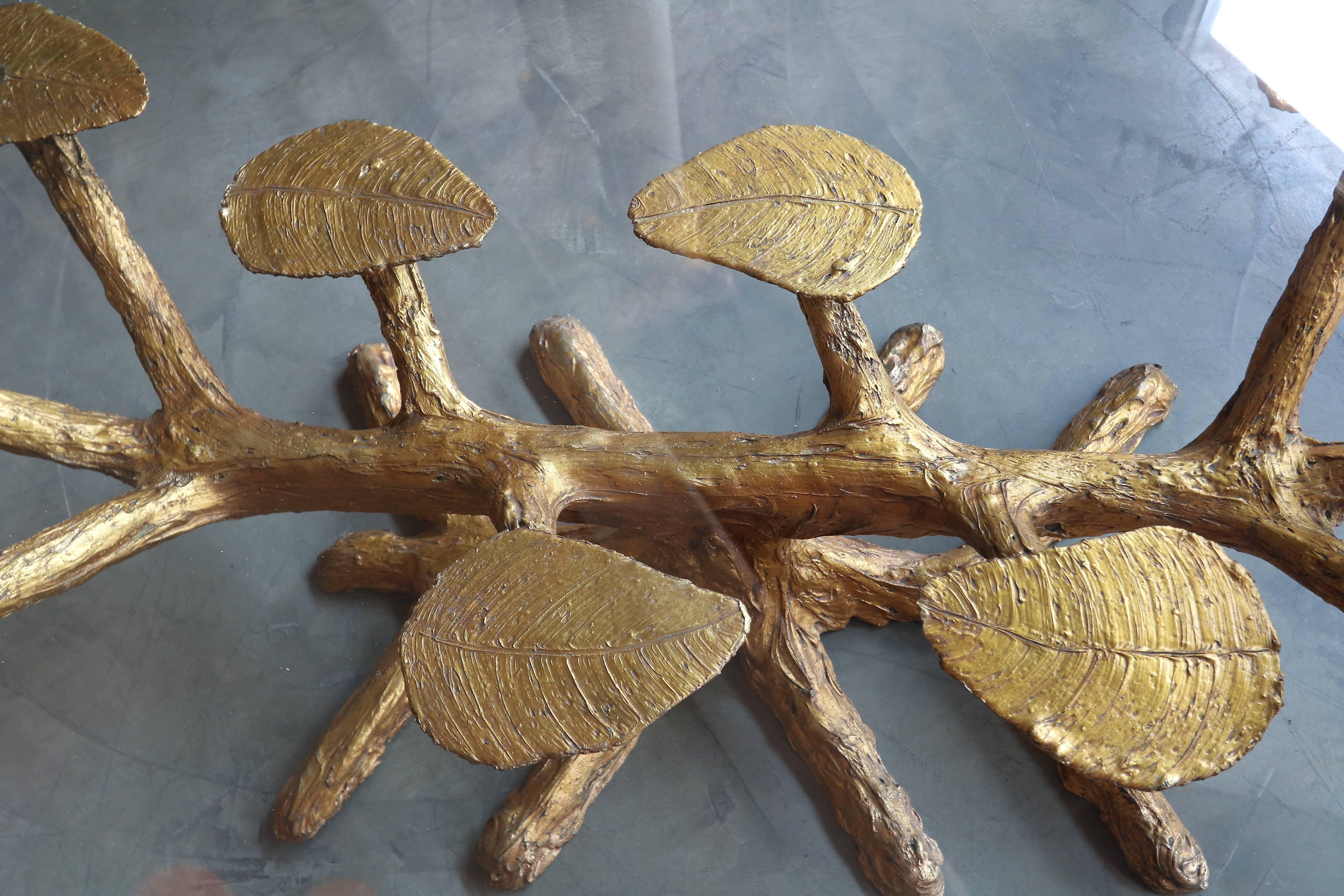 Metal Faux Bois 1960s Coffee Table with Gold Leaves and Glass Top 1