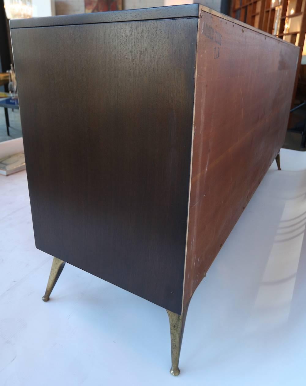 Mid-Century Modern 1960s, RWAY Brown Wood Dresser or Sideboard with Brass Accents For Sale