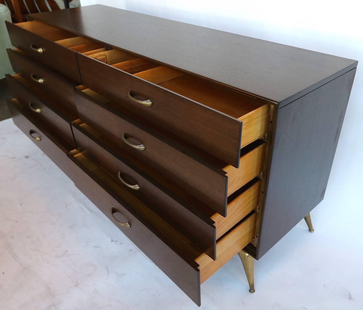 American 1960s, RWAY Brown Wood Dresser or Sideboard with Brass Accents For Sale