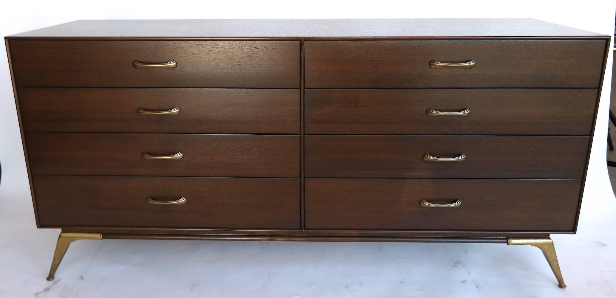 Mid-20th Century 1960s, RWAY Brown Wood Dresser or Sideboard with Brass Accents For Sale