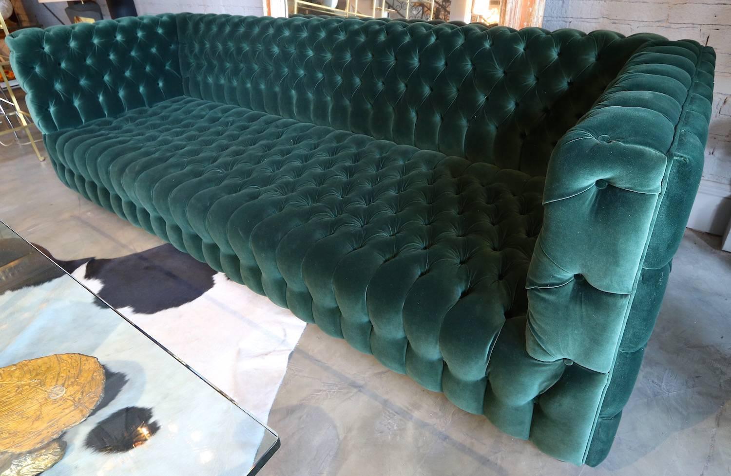 Spectacular custom Capitone Carmen tufted sofa upholstered in green Belgium velvet. Every side of the sofa is tufted, even the back. Made in Los Angeles by Adesso Imports. Can be made in different sizes and colors.