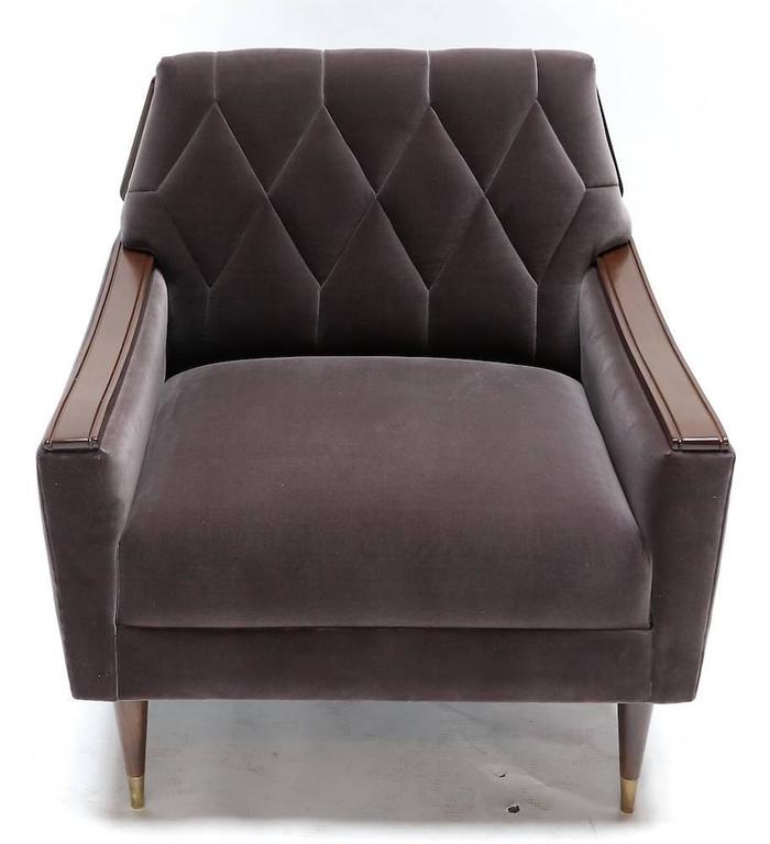 Pair of Custom 1960s Style Velvet Armchairs with Wood and Brass Details For Sale at 1stdibs