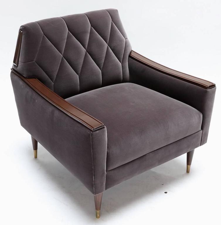 Pair of Custom 1960s Style Velvet Armchairs with Wood and Brass Details For Sale at 1stdibs