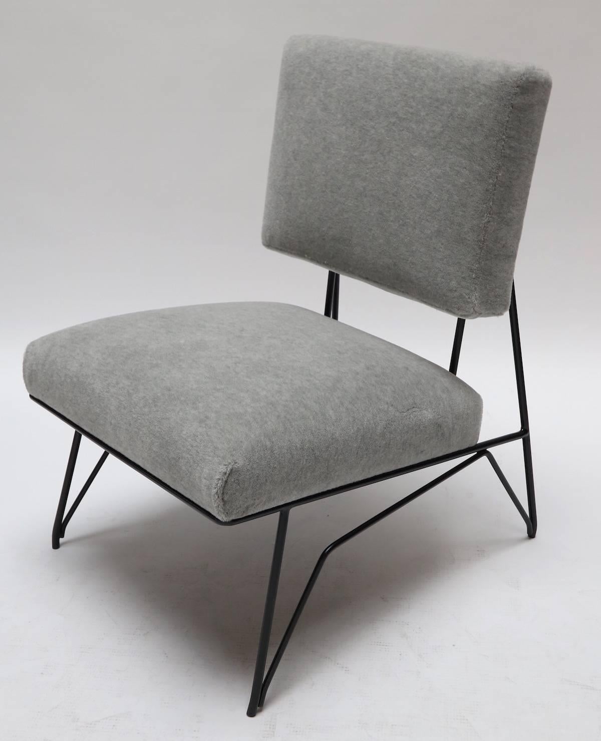 American Pair of Custom 1960s Style Black Metal Chairs in Grey Alpaca by Adesso Imports For Sale