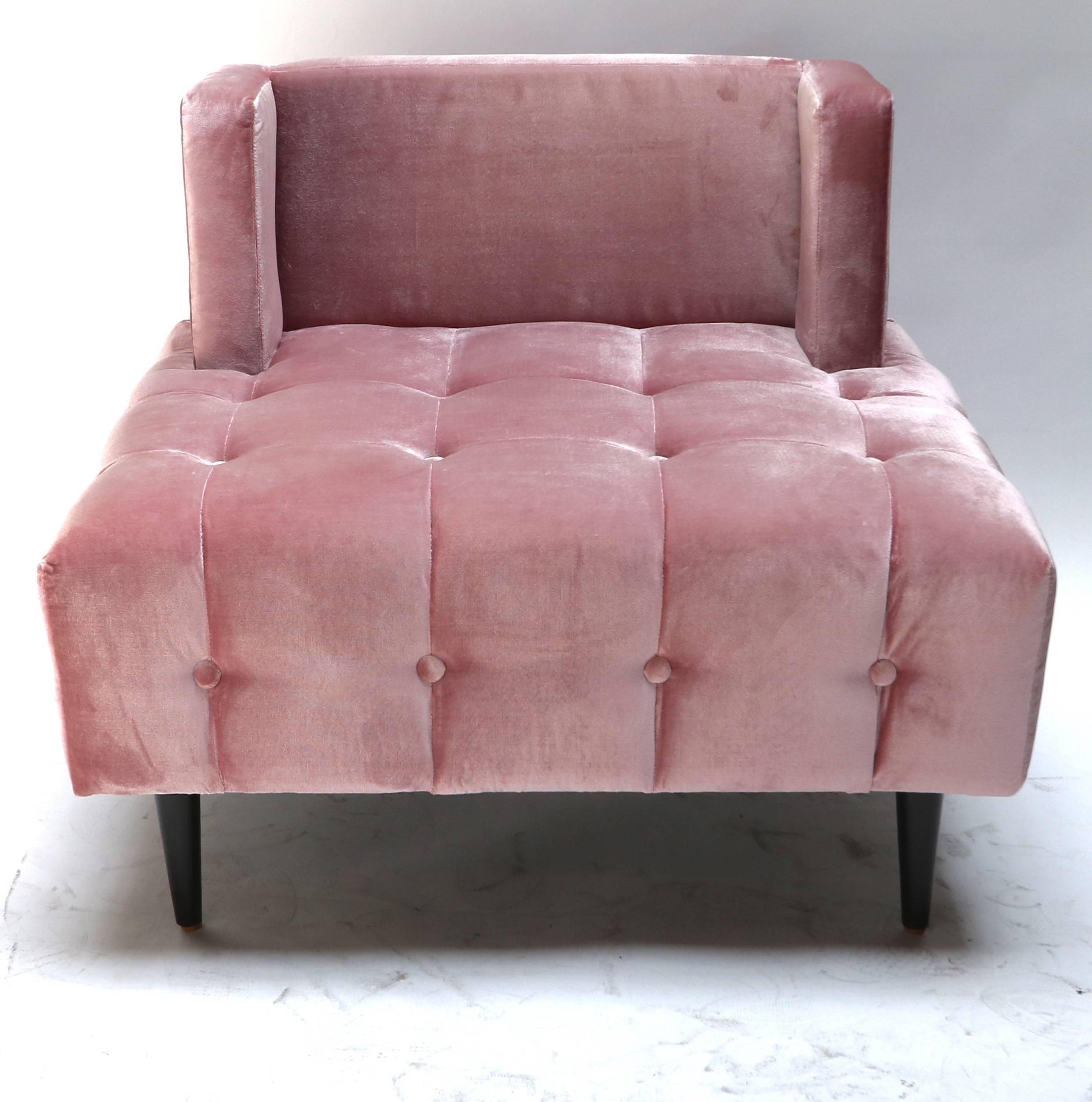 Pair of custom tufted lounge chairs upholstered in pink silk velvet with wood legs. Made in Los Angeles by Adesso Imports.

Can be done in different colors and fabrics.

Sale price for floor model only