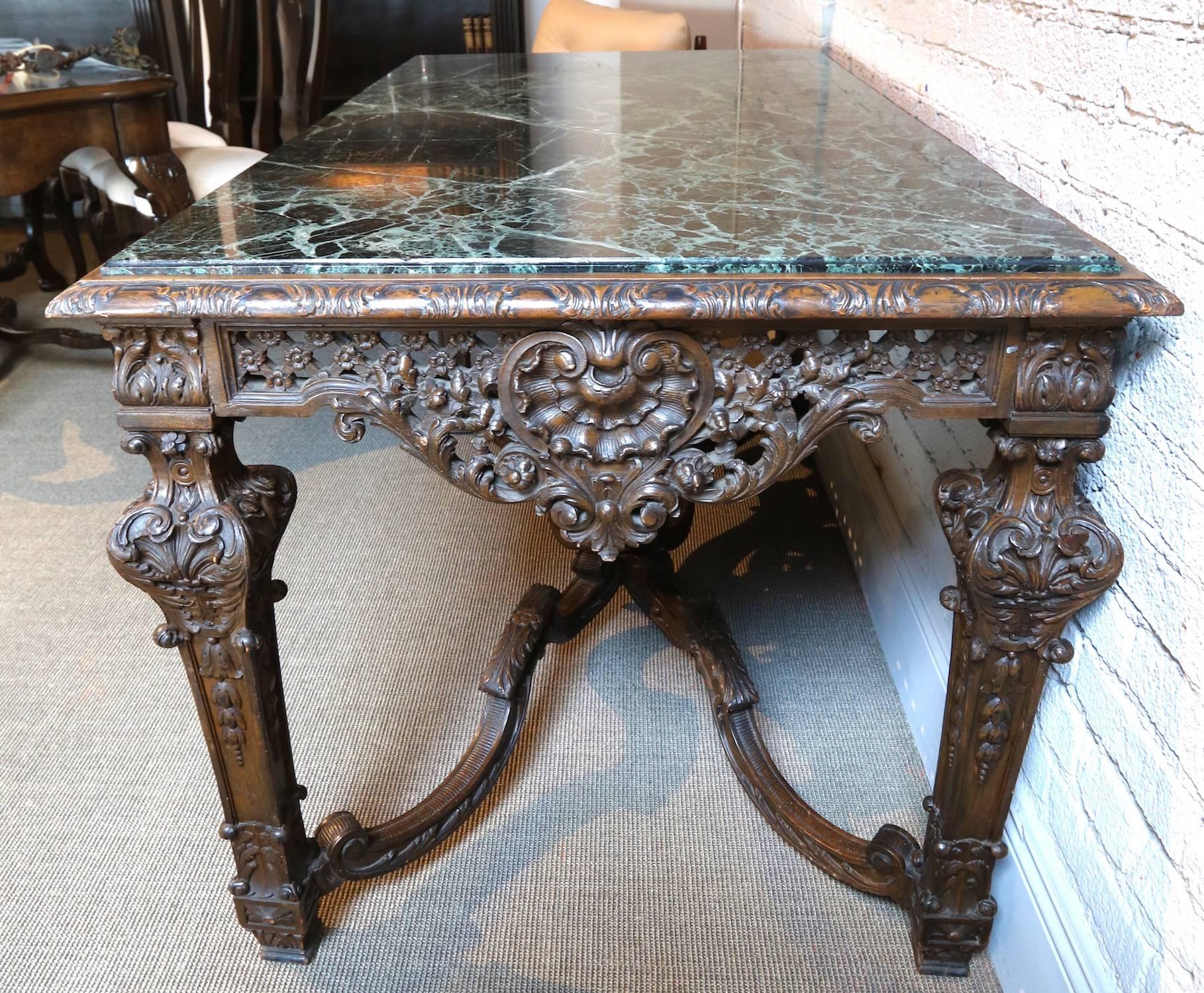 19th Century Louis XIV Italian Carved Wood Console Table with Green Marble Top 1