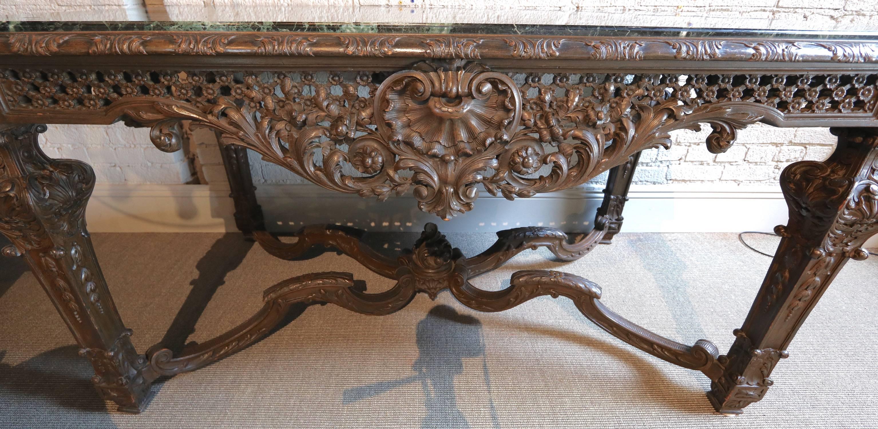 19th Century Louis XIV Italian Carved Wood Console Table with Green Marble Top 2