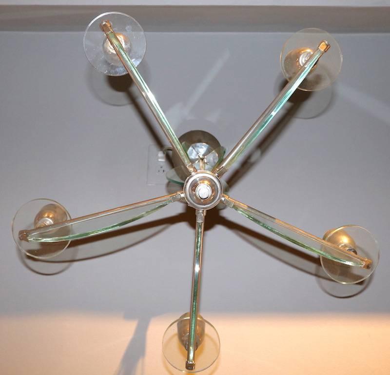 1950s Italian Glass and Chrome Chandelier with Five Lights In Good Condition For Sale In Los Angeles, CA
