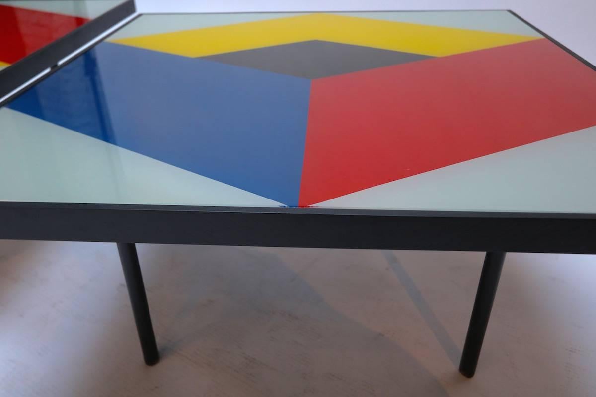 Brazilian Pair of 1960s Reverse Painted Glass Geometric Abstract Coffee Tables