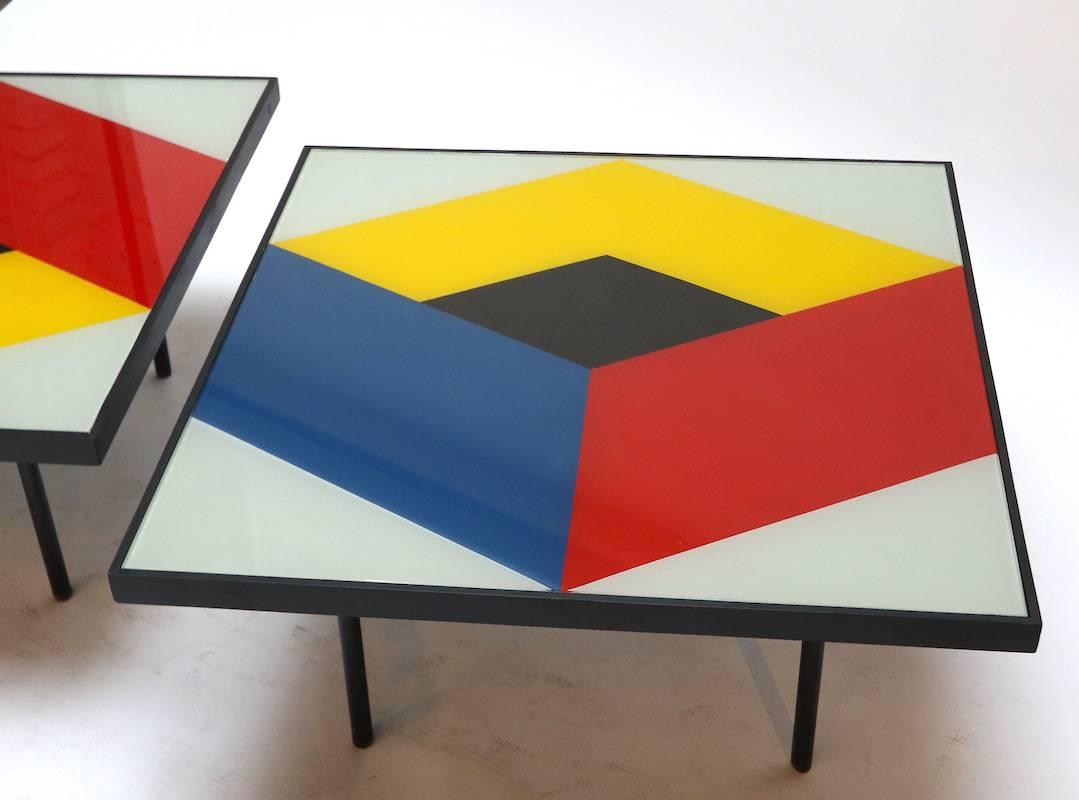 Pair of 1960s Reverse Painted Glass Geometric Abstract Coffee Tables In Good Condition In Los Angeles, CA