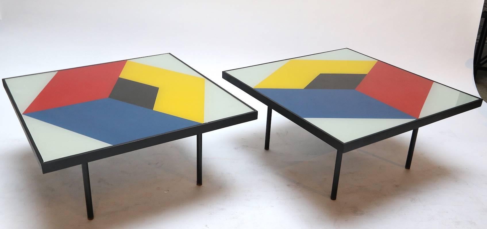 Pair of 1960s Reverse Painted Glass Geometric Abstract Coffee Tables 1
