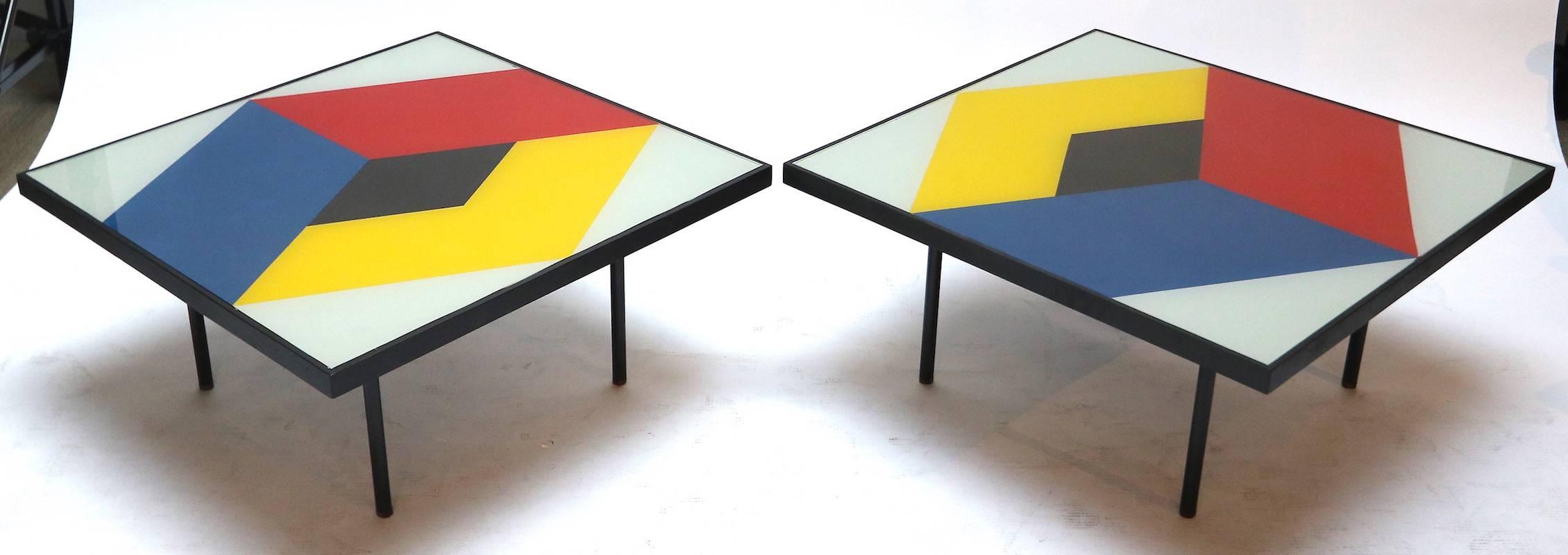 Pair of 1960s Reverse Painted Glass Geometric Abstract Coffee Tables 2