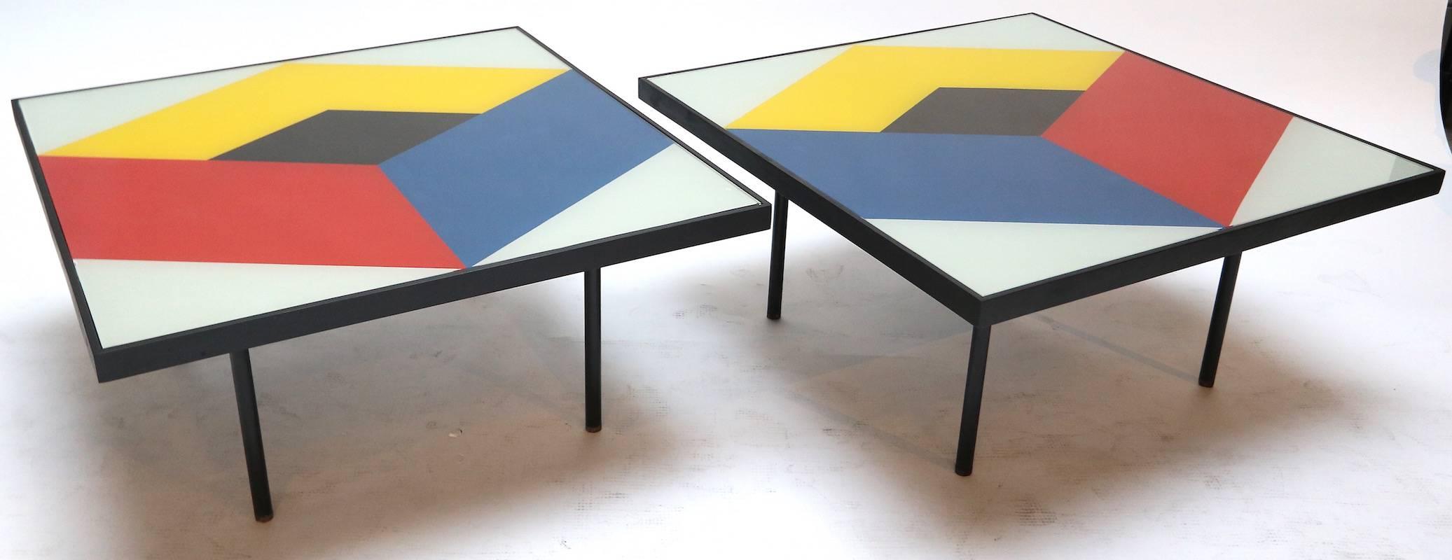 Pair of 1960s Reverse Painted Glass Geometric Abstract Coffee Tables 3
